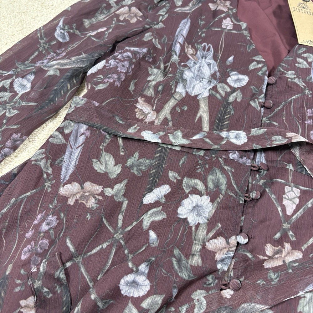 NWT Disturbia Women's Dusha Garden Print Button Up Chiffon Mini Dress Tie 14 - Picture 5 of 9